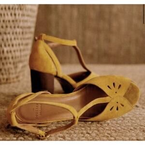 Sezane Simone High Sandals Open toe Block Heel T-Strap Suede Ochre Sz EU 37 US 6